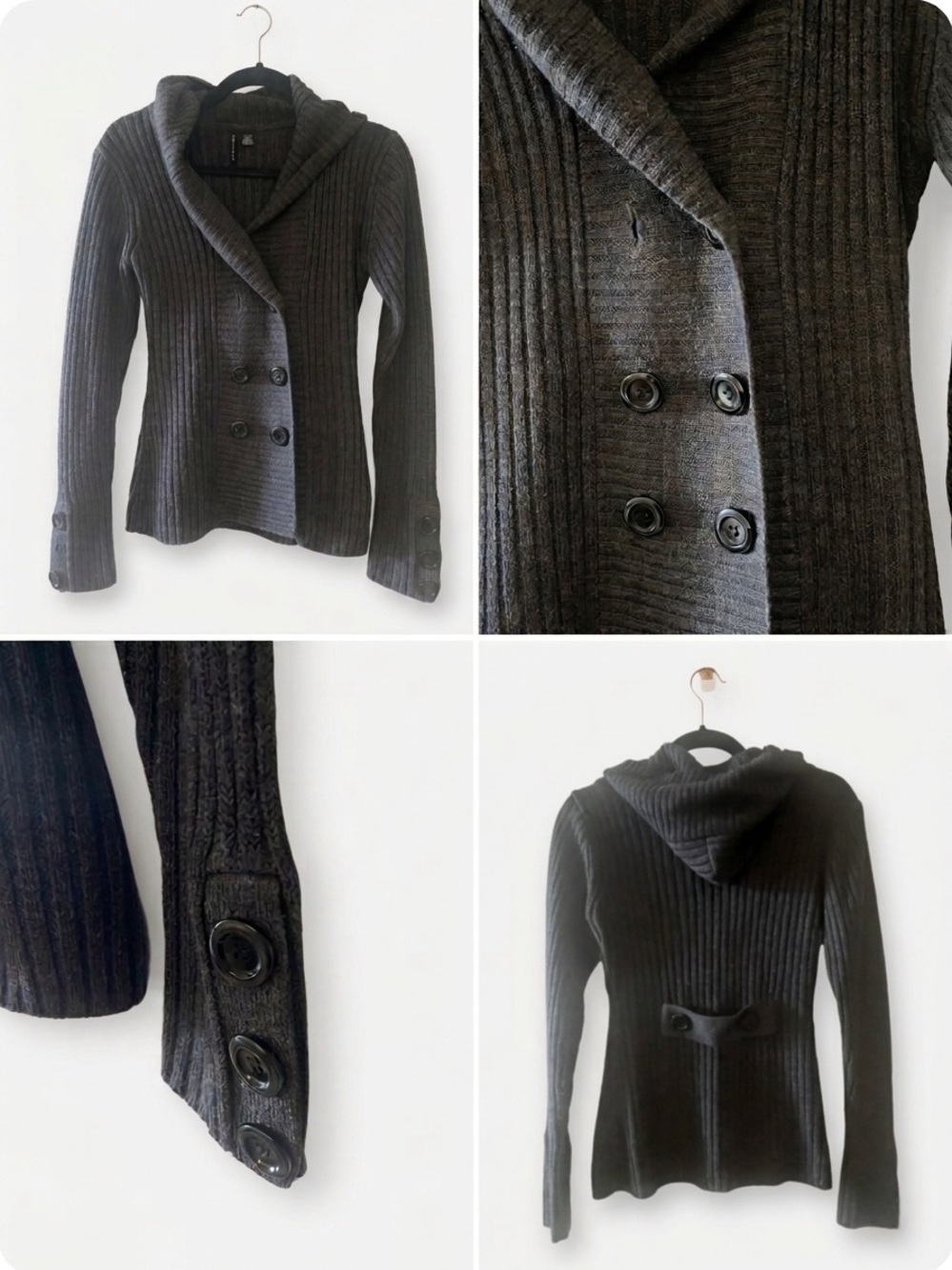 Mariposa Charcoal Gray Cardigan Ribbed Double Breasted Hoodie Knit Sweater